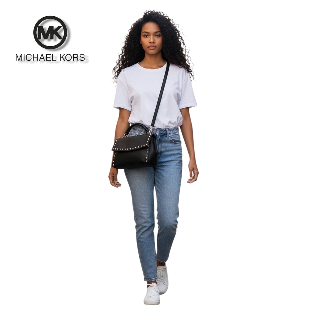 Michael KORS Black Saffiano Leather Top Handle Silver Studded Crossbody Satchel - Picture 16 of 17